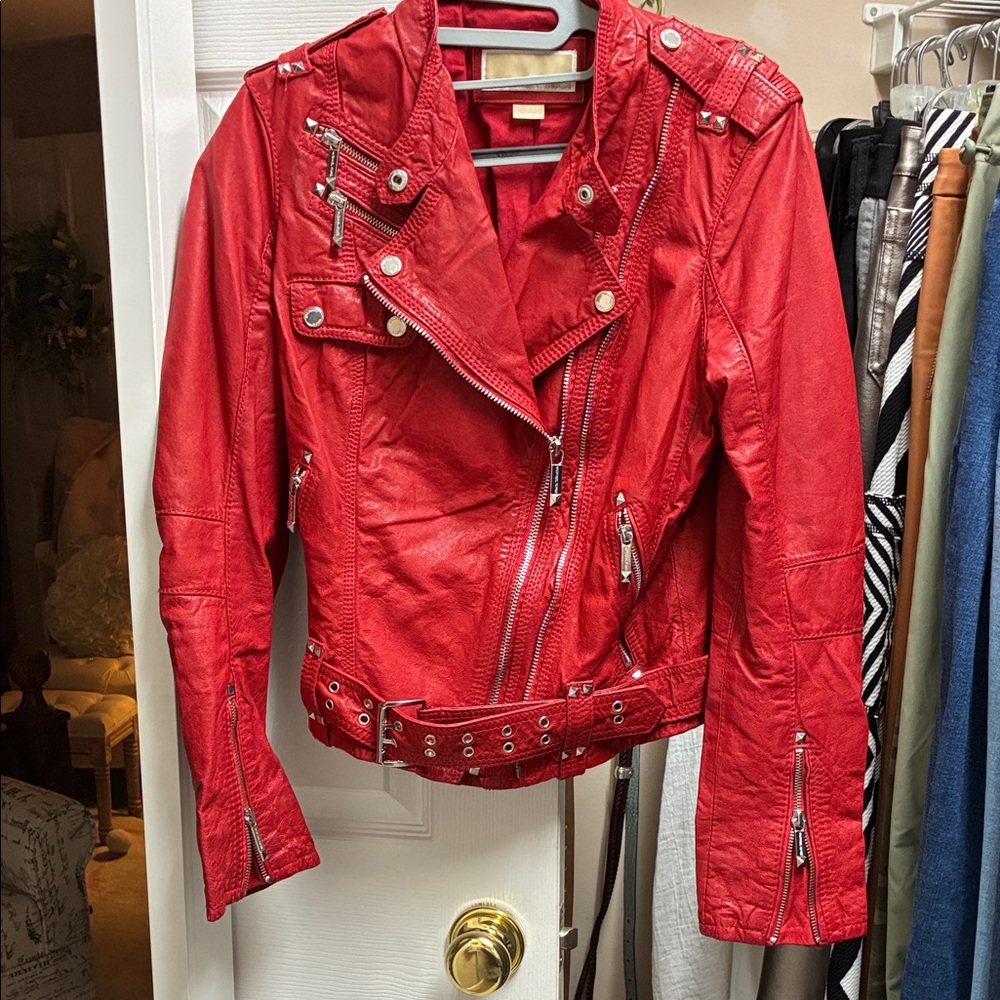 Michael Kors Red Leather Biker Jacket